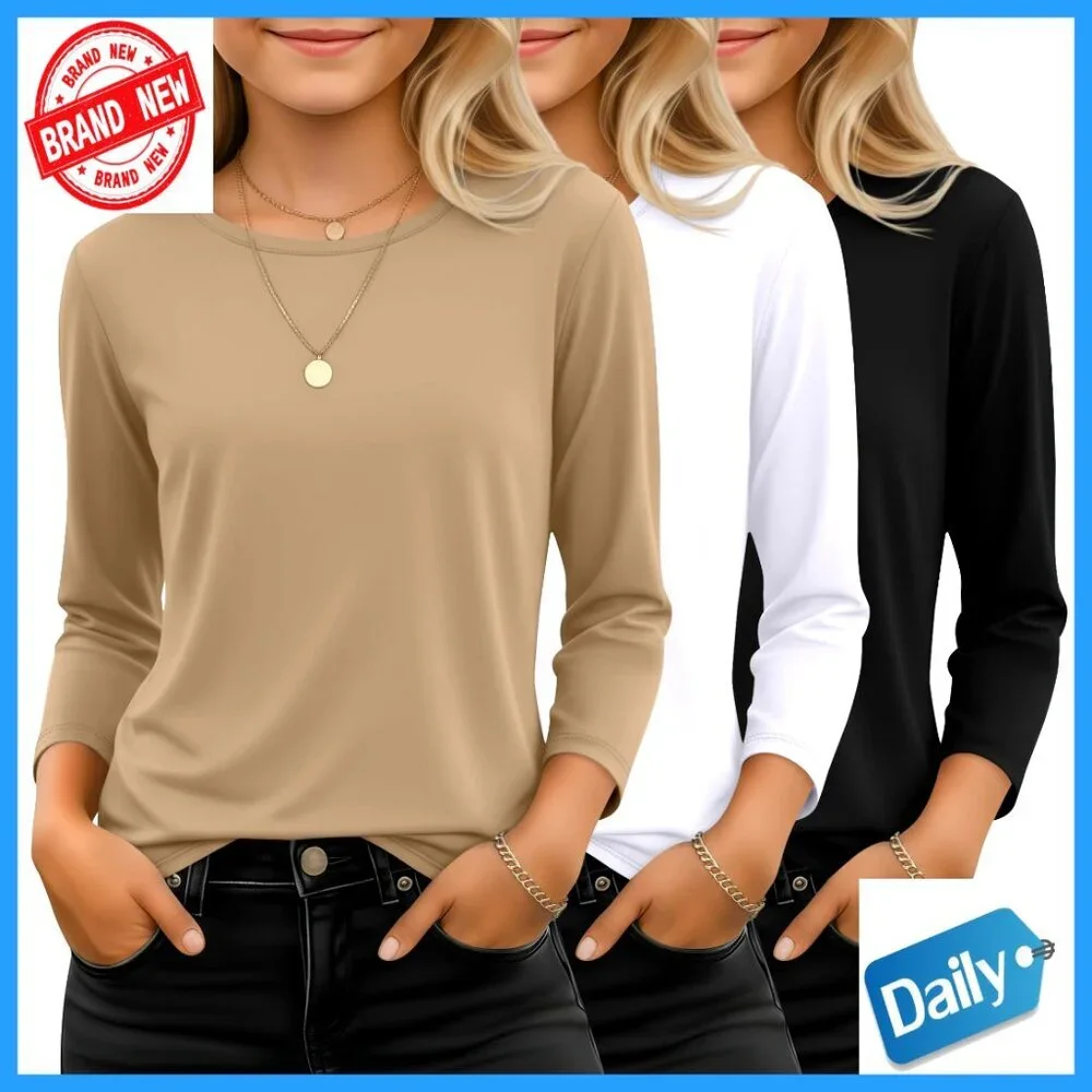 Girls 3/4 Sleeve Crewneck Tees 3 Pack Soft Stretch Fabric Ages 5-14